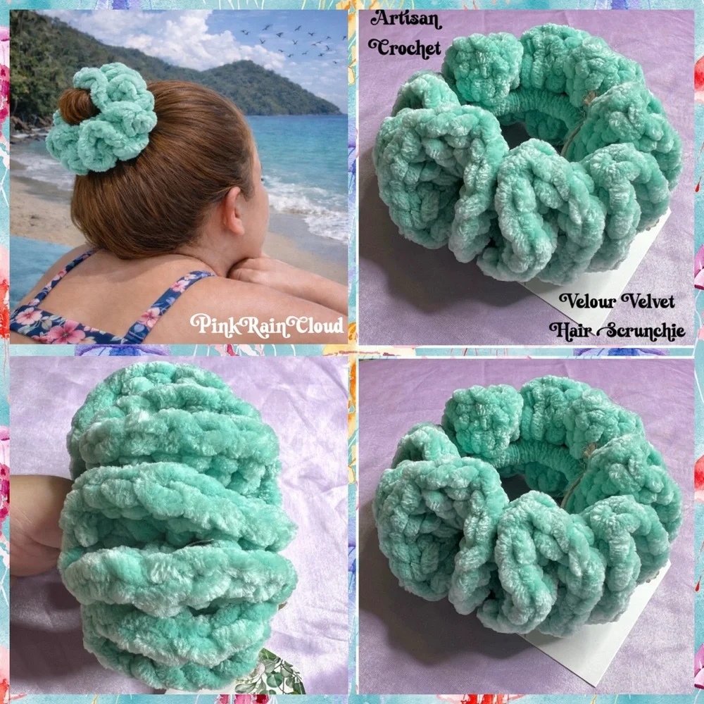 Handmade VELVET Pastel Aqua Green Crochet Scrunchie Chunky Oversized Hair Tie